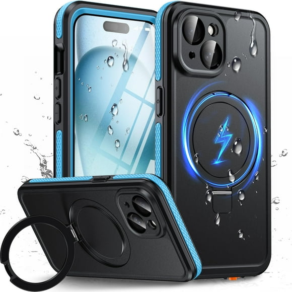 Funda impermeable Oterkin para iPhone 15 con soporte magnético, color azul