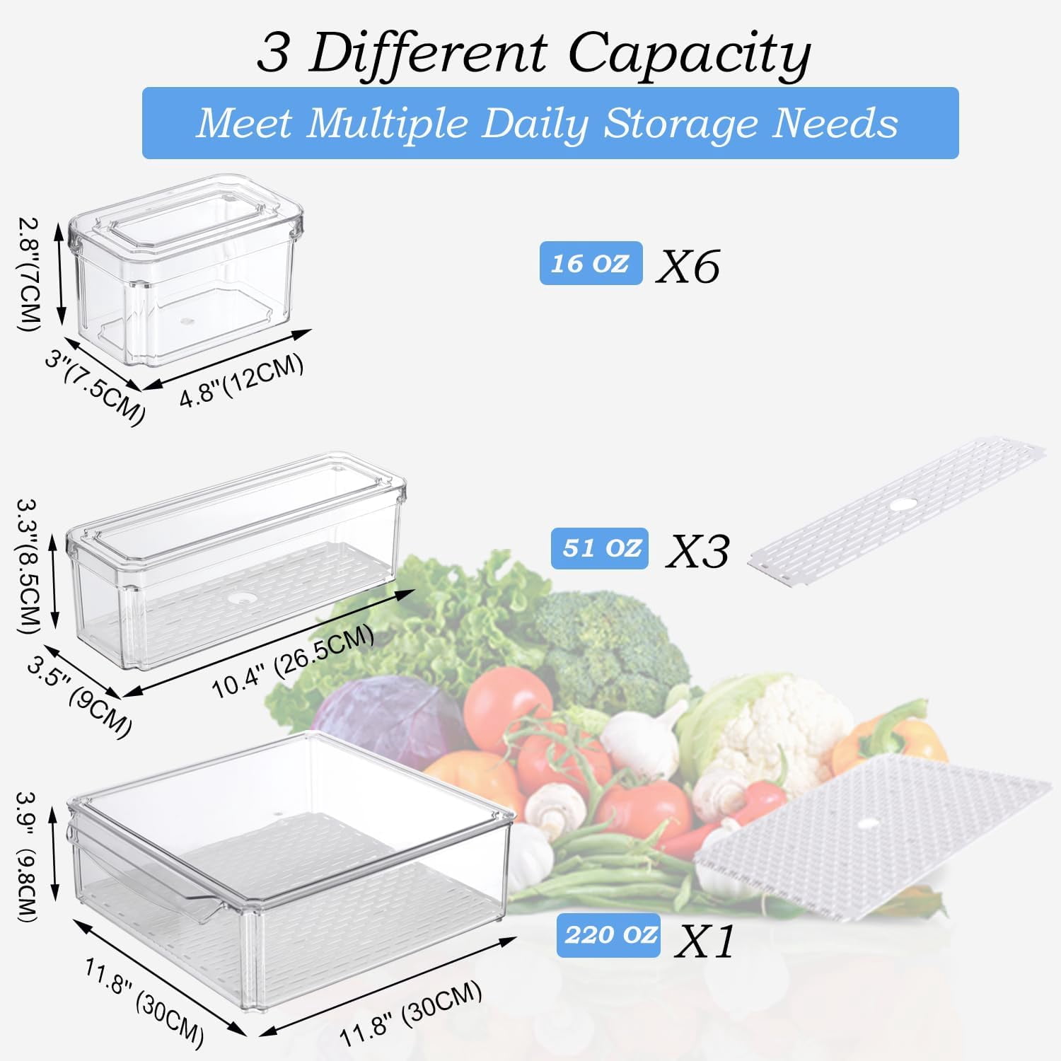 10-Pack Clear Fridge Organizer Bins with Lids, Stackable Refrigerator Storage Containers, BPA-Free with Drain Tray & Anti-Slip Base for Fruits, Veggies, Drinks