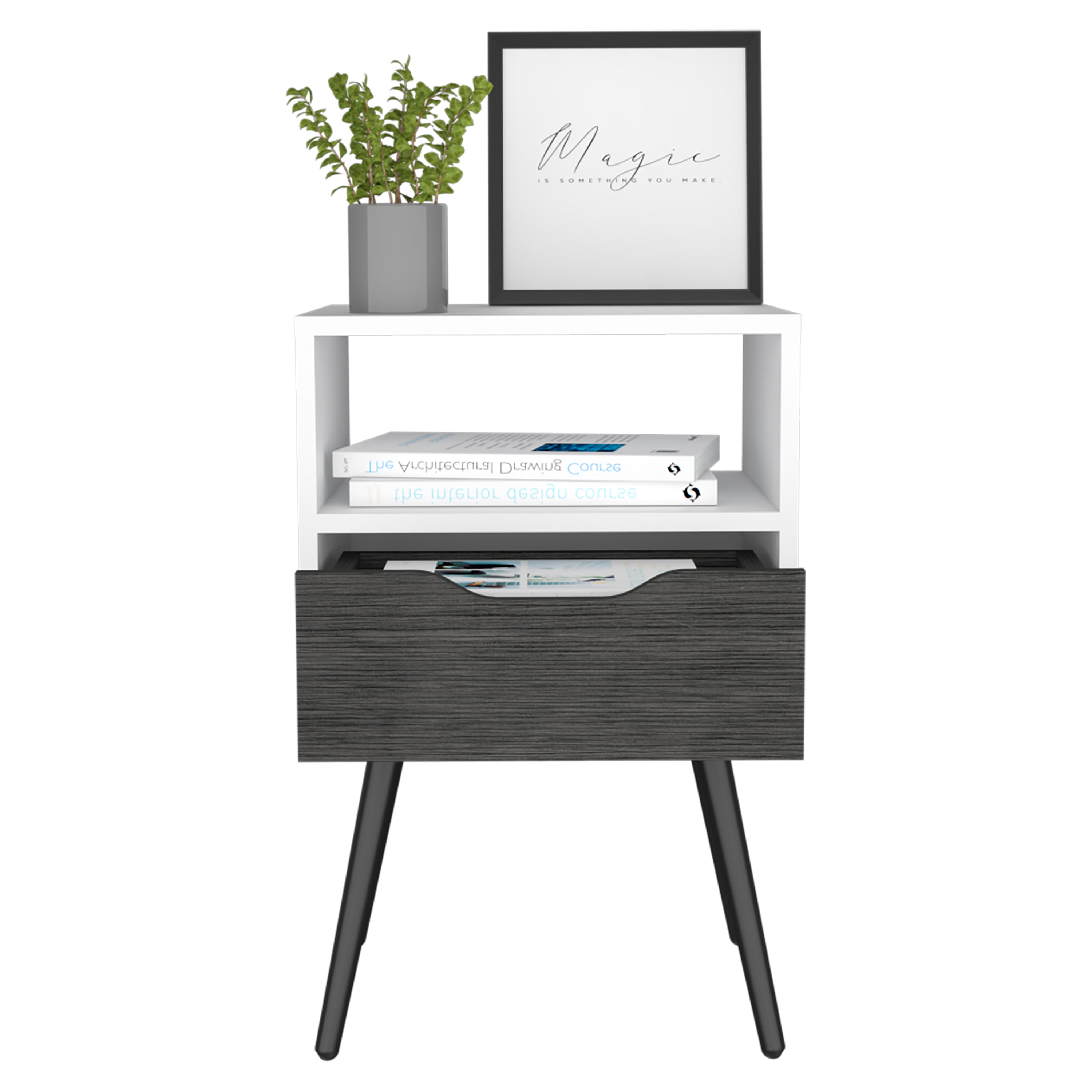 Otom Nightstand, Superior Top, One Open Shelf, One Drawer, Four Legs