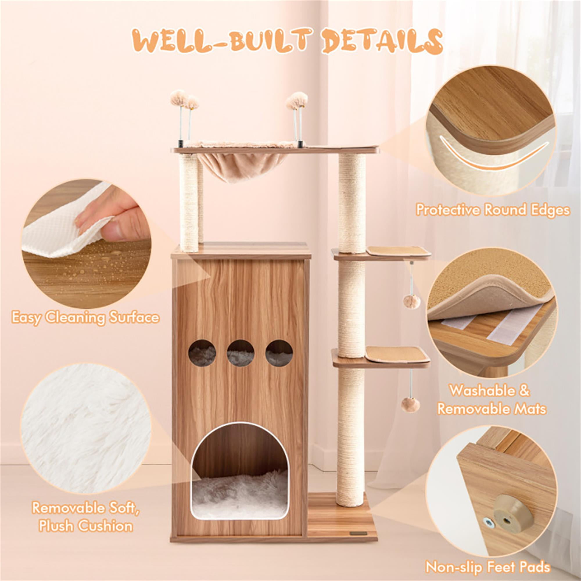 Kadyn 52" Wood Cat Tree Tower for Indoor Cats with Scratching Posts Washable Detachable Cushion, Teasing Balls, Modern Cat Condo Furniture for Large Cat, Beige