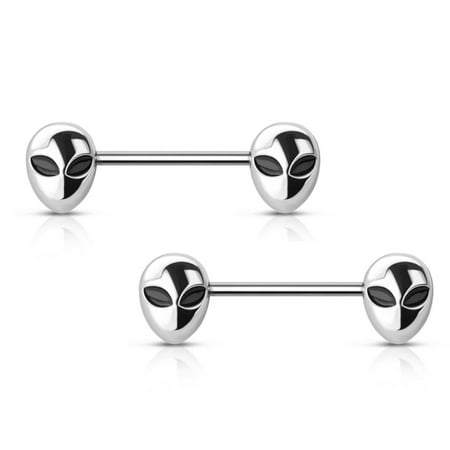2PCS 316L Surgical Steel 14G Nipple Rings Alien Face Nipple Barbell Women Nipplerings Bars Halloween Punk Body Piercing Jewelry 14mm 9/16 Inch