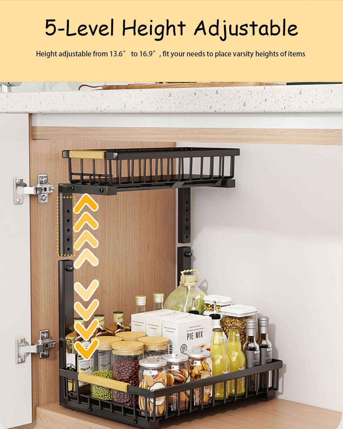 Under Sink Organizer, 2 Pack 2 Tier Pull Out Organizers and Storage for Under Sink Cabinet Kitchen Bathroom Pantry, Metal 2 Layer Sliding Drawer Organizing Rack Shelf, Black