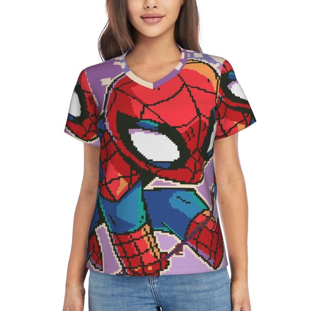 Spider-Man T-Shirt à Manches Courtes Col en V pour Femmes