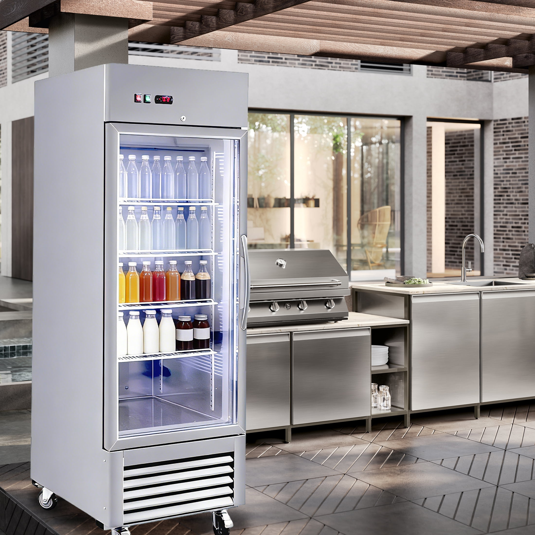 CTOSPOATO 27"W Commercial Refrigerator 1 Glass Door Stainless Steel Interior and Exterior Construction 18.68 Cu.ft.for Restaurant,Bar,Shop