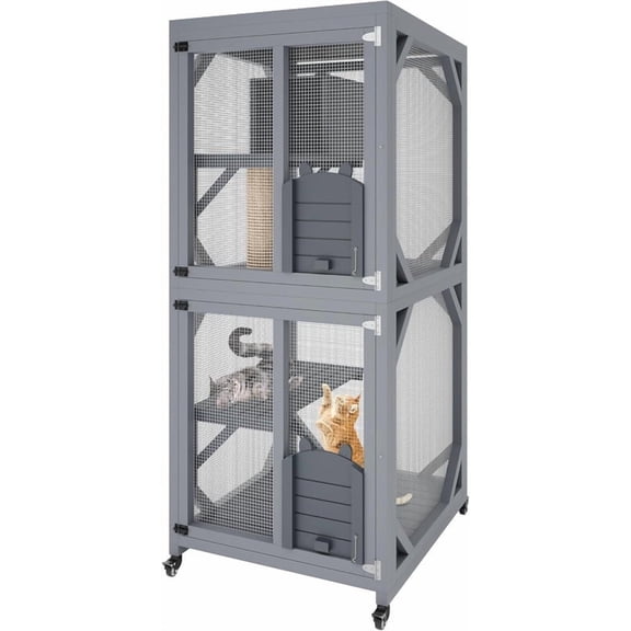 Acekid Outdoor Cat Enclosure on Wheels 68", Window Catio Kitty House, Weatherproof Roof, 4 Platforms, Resting Box, Scratch Post, Portable Cat Playpen Shelter