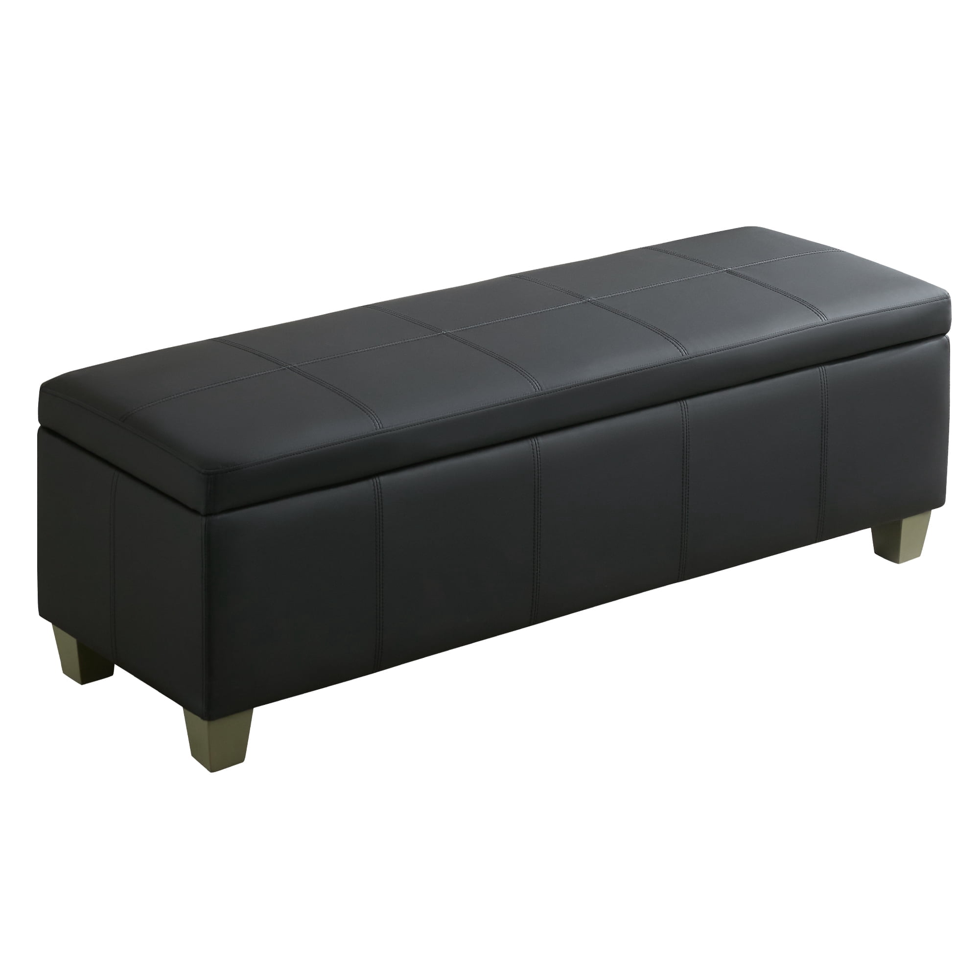 51" Faux Leather Storage Ottoman Bench with Wooden Legs, Tufted Upholstered Seat, Sturdy & Spacious for Bedroom, Entryway, Living Room, Dark Black