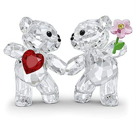 SWAROVSKI Kris Bears Happy Together Figurine Set, Clear Swarovski Crystal with a Red Heart and Pink Flower Accent, Part of the Swarovski Kris Bears Collection