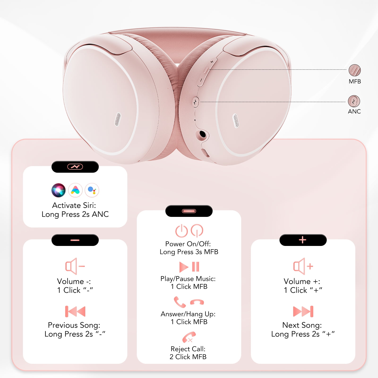 Hybrid Active Noise Cancelling -45dB, Bluetooth Headphones 5.4, 50H Playtime Earbuds, Clear Call with 4 Mics, Bass Boosted by 90%, Comfort Fit Over Ear Headphones for Travel Home Office PC Pink