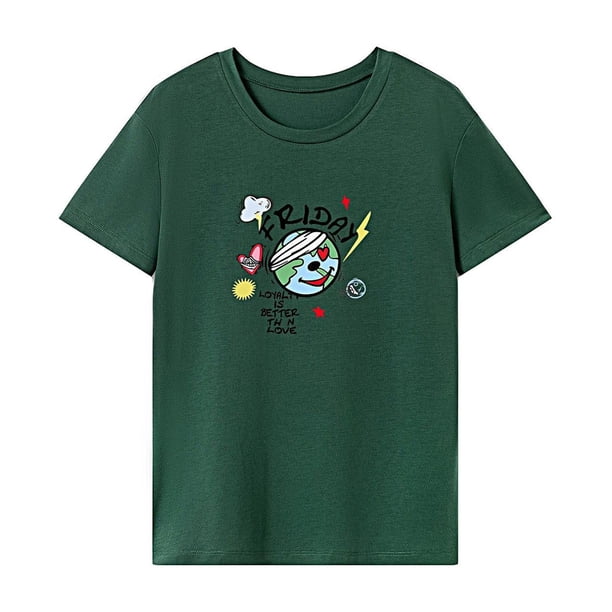 Camiseta para mujer, camiseta de verano a la moda con cuello redondo para mujer, para viajes en la calle, Camping Verde