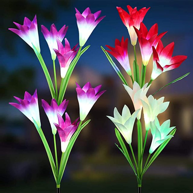 Luces solares para exteriores, impermeables, para jardín con flores de lirio grandes, 7 colores cambiantes, para caminos de patio, paisajes navideños, 4 unidades