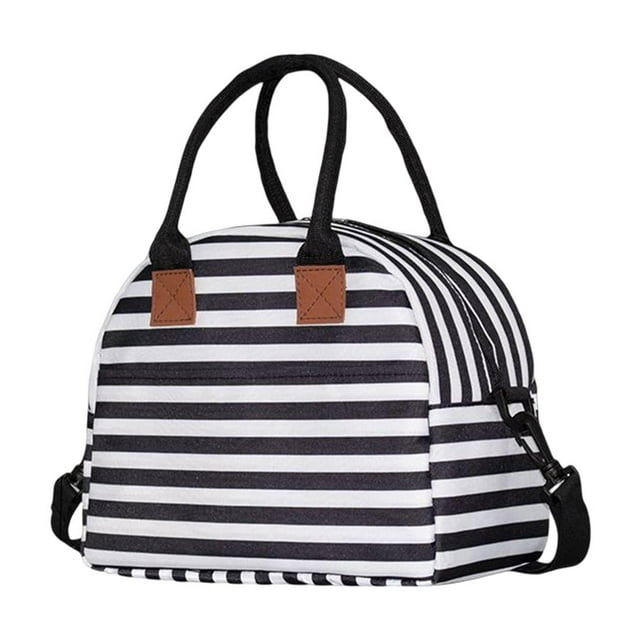Bolsa térmica para almuerzo para adultos con correa ajustable para el hombro para viajes rayas blancas negras