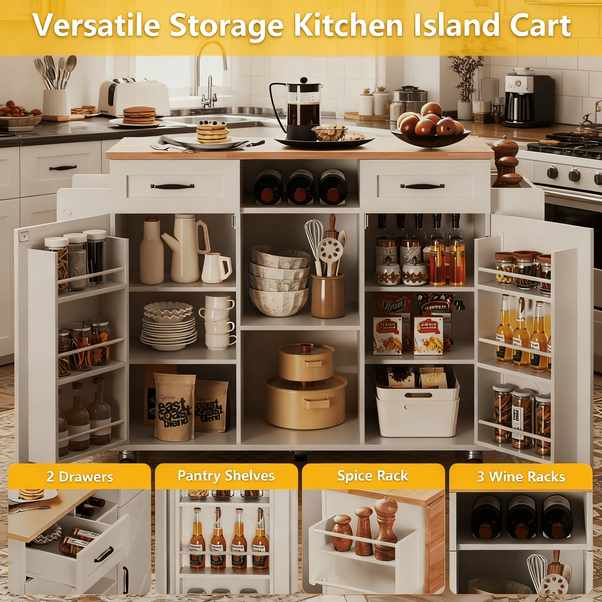 Rolling Kitchen Island Cart with Storage Cabinet & Drop Leaf, Mobile Kitchen Island on Wheels with Drawers, Spice Rack & Towel Holder, Farmhouse Butcher Block Countertop, 51.5" Kitchen Storage Table