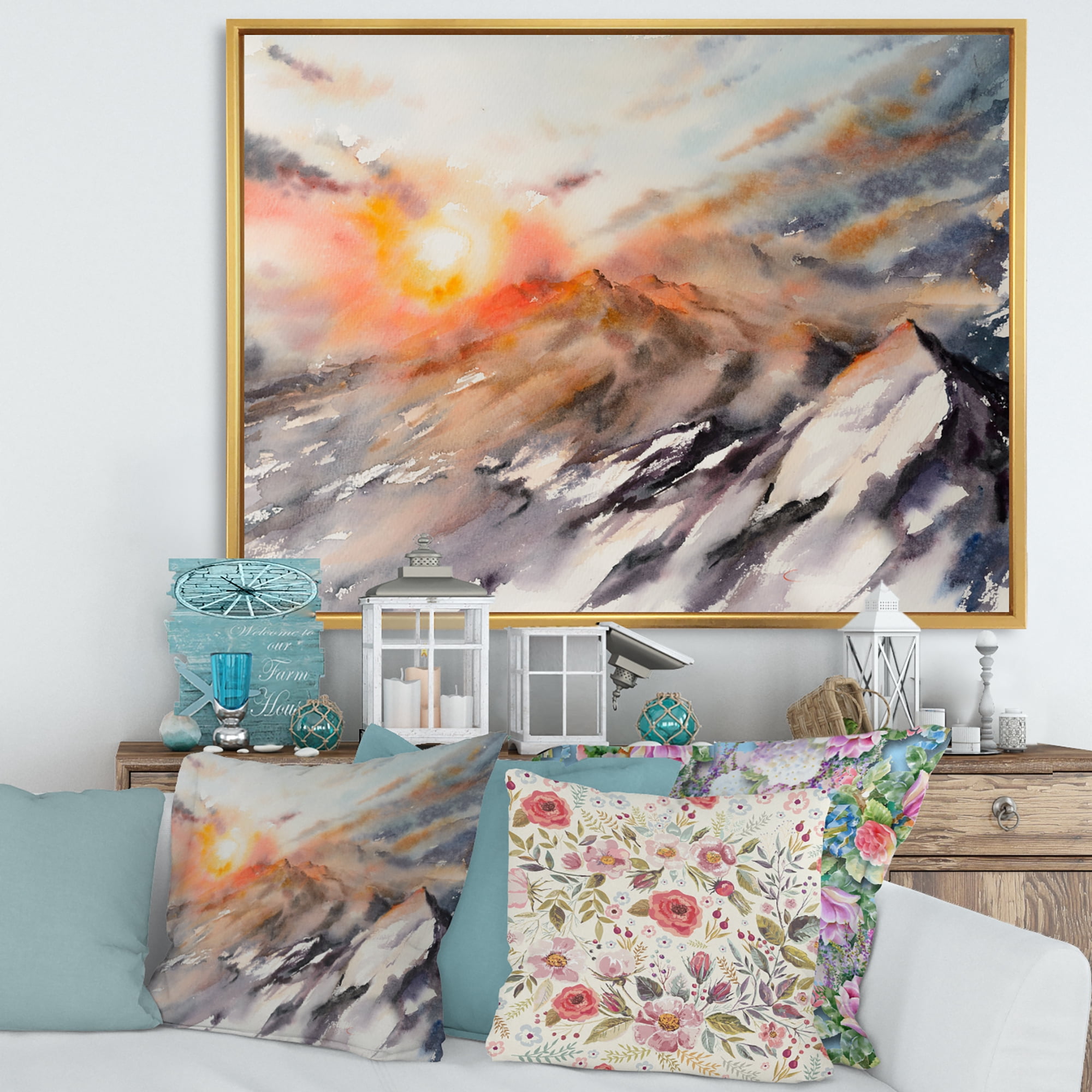 Designart 'Majestic Sunset Glow on The Mountains Landscape' Traditional Framed Canvas Wall Art Print