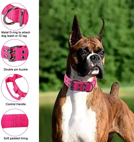 Reflective Dog Collar Heavy Duty Tactical with Control Handle and Metal Buckle for Dog Training(Large, Pink)
