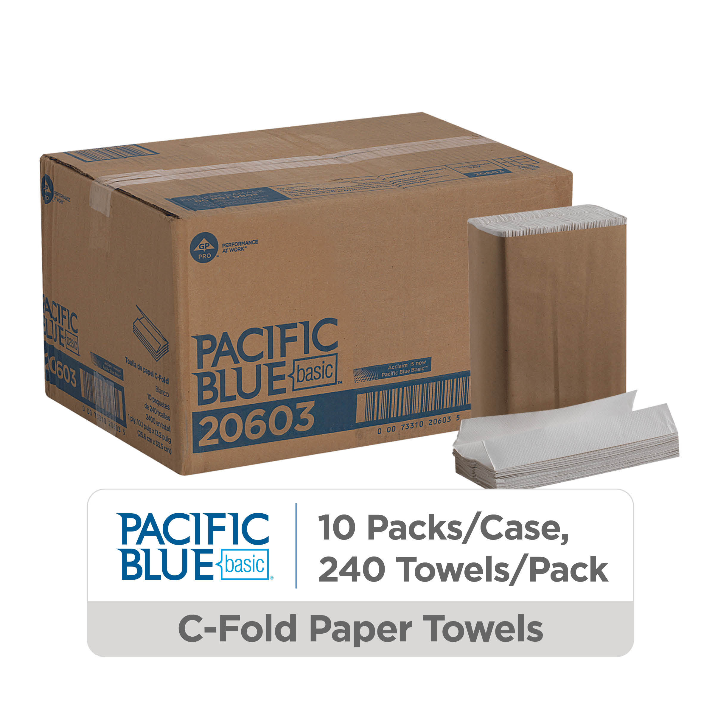 Pacific Blue Basic® C-Fold Paper Towels by GP PRO (Georgia-Pacific), White, 20603, 10.1” x 12.7” (LxW), 240 Towels Per Pack, 10 Packs Per Case