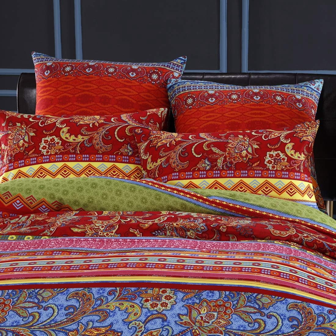 NAYOROOM Bohemian Boho Duvet Cover Set Twin Size,2 Pieces Retro Bohemian Mandala Striped Comforter Cover Sets, Colorful Red Blue