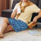 thumbnail image 5 of Balery Sharks on White Blue Striped Pantalones cortos de pijama de punto de algodón para hombre con cinturilla y bolsillos-Small, 5 of 6