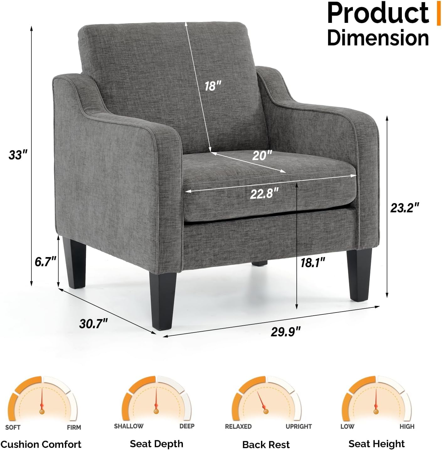 Matladin Chenille Fabric Accent Chair with Scooped Arms, Mid Century Modern Upholstered Armchair, Single Sofa for Living Room, Apartment, Office