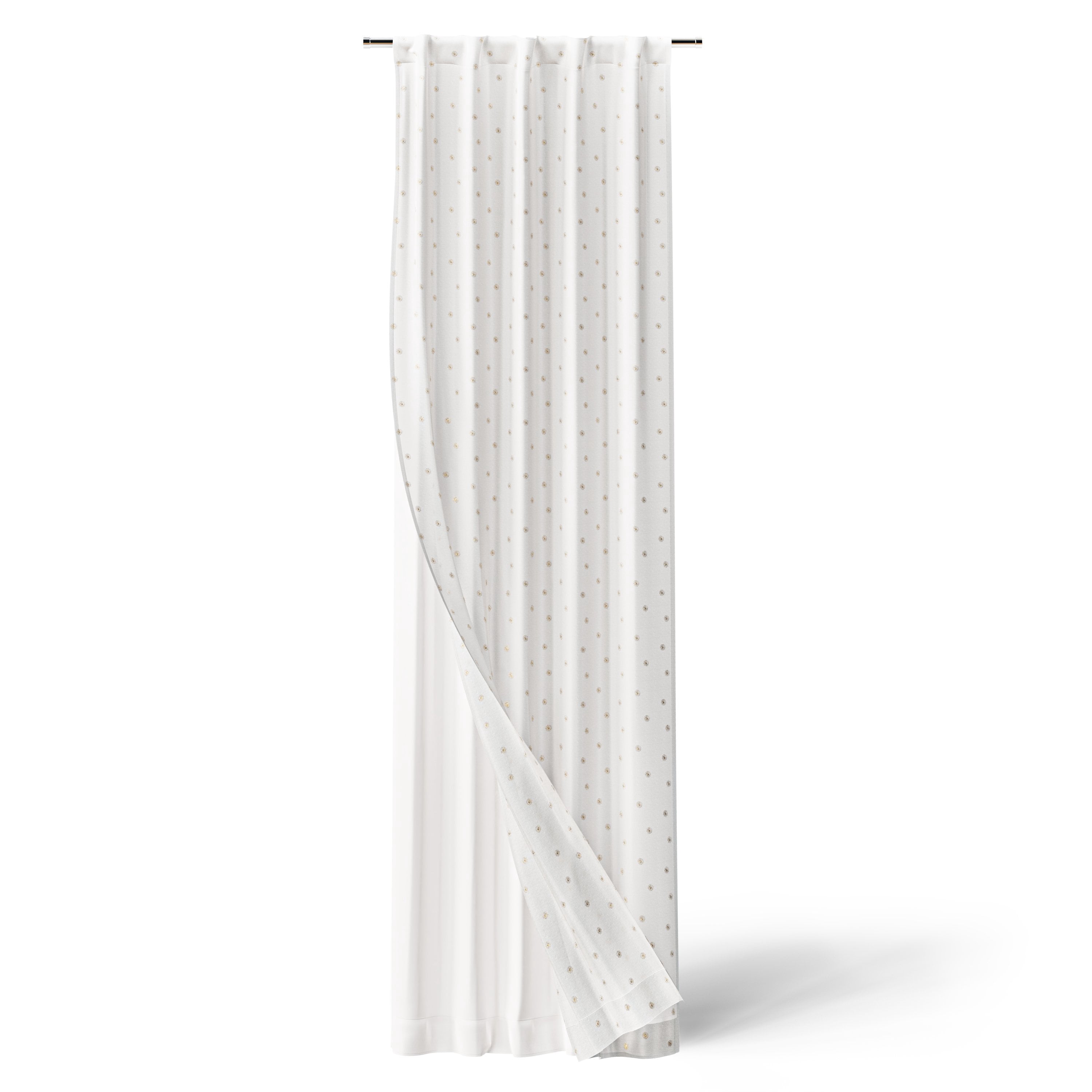 Mainstays Kids White and Metallic Gold Sun Sheer Overlay Blackout Rod Pocket with Back Tabs Single Curtain Panel, 38" W x 95" L