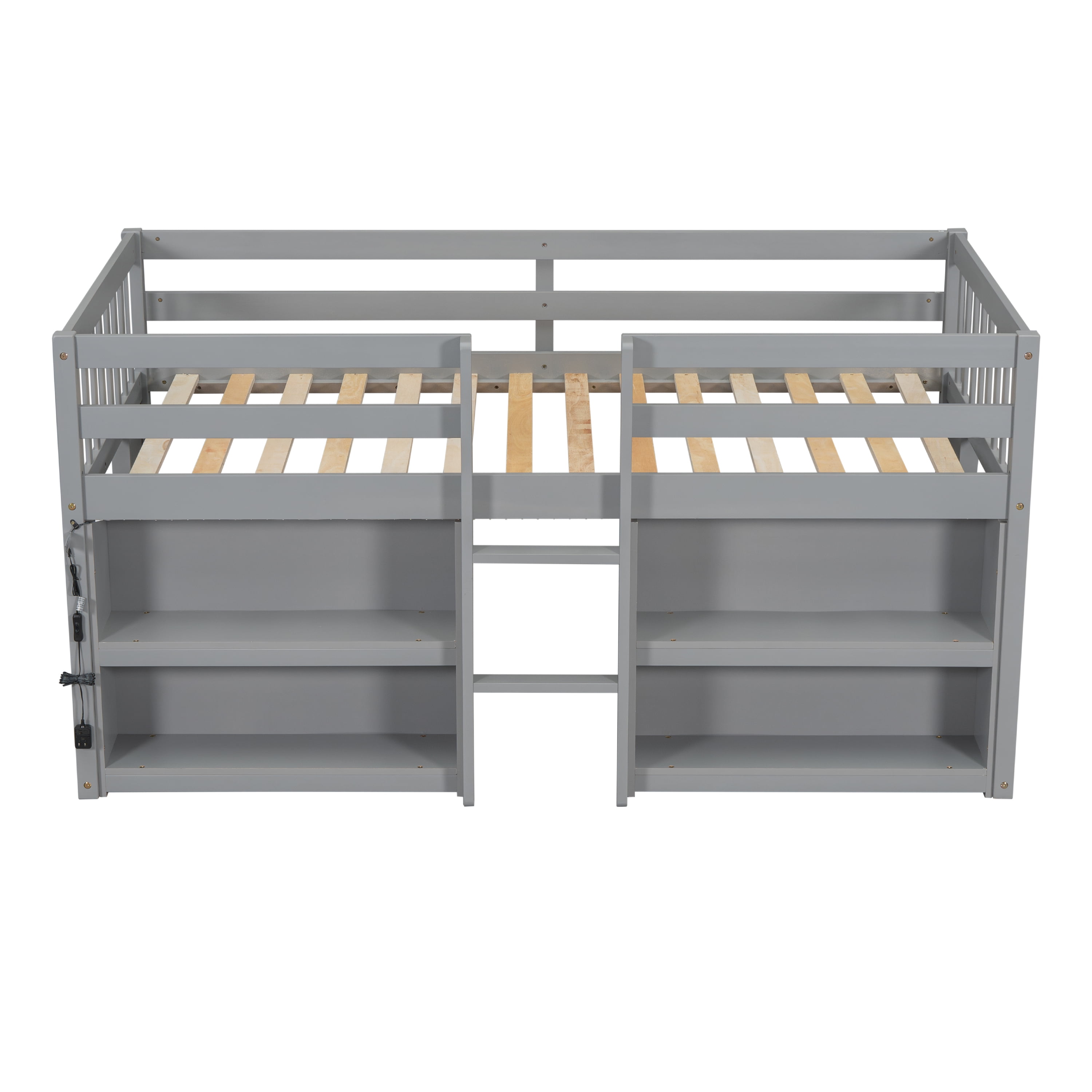 Twin Size Low Loft Bed with Two-Tier Shelves, Wooden House Loft Bed with Storage for Books & Toys, Space Saving for All Ages, Multi-Functional, Grey