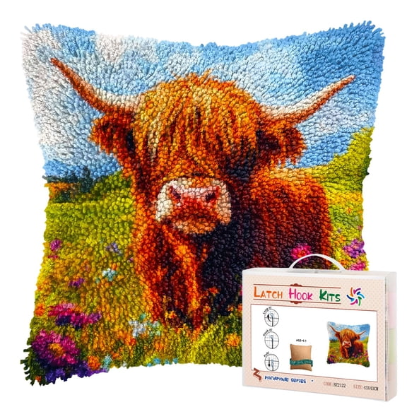DIY Latch Hook Pillow Kits Cute Highland Cow in Flowers Printed Pillowcase Crochet Yarns Hooking Handmade Pillow Cover Cushion for Home Sofa Decoration 17x17inch-1