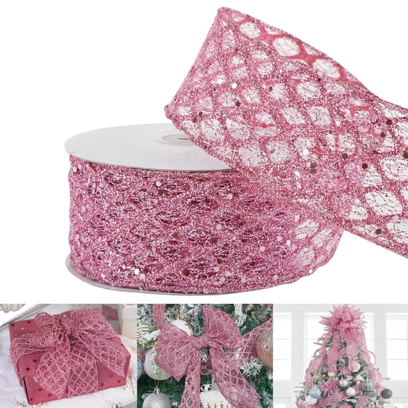 Miaocao White Glitter Ribbon for Christmas Tree 2-1/2" Diamond Mesh Wired Christmas Ribbon for Tree Decorations, Gift Wrapping, Bows, Wreath Supplies, Garlands- Continuous 10 Yards