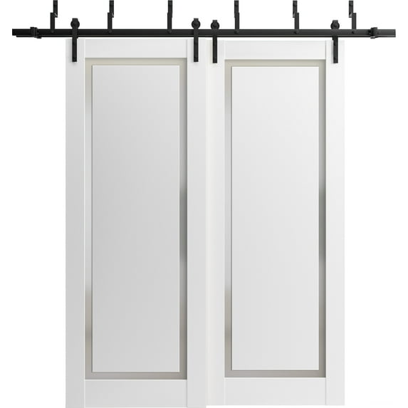 Sliding Closet Barn Bypass Doors 72 x 84 inches | Planum 0888 Painted White with Frosted Glass | Sturdy 6.6ft Rails Hardware Set | Wood Solid Bedroom Wardrobe Doors