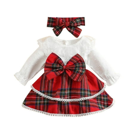 

Little Girls Outfit Long Sleeve Crewneck Plaid Bow Dress And Hairband Two Piece Outfits Toddler Baby Girls Fashion Clothes Set For Spring Autumn