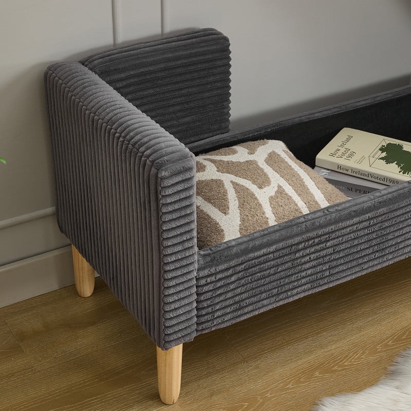 AISWORD 64.7"W Corduroy Storage Bench with Armrests & Backrest,Flip-Top Entryway End of Bed Bench, 2 Bolsters, 352 lbs Capacity, Rubberwood Legs, for Living Room,Bedroom,Hallway,Charcoal