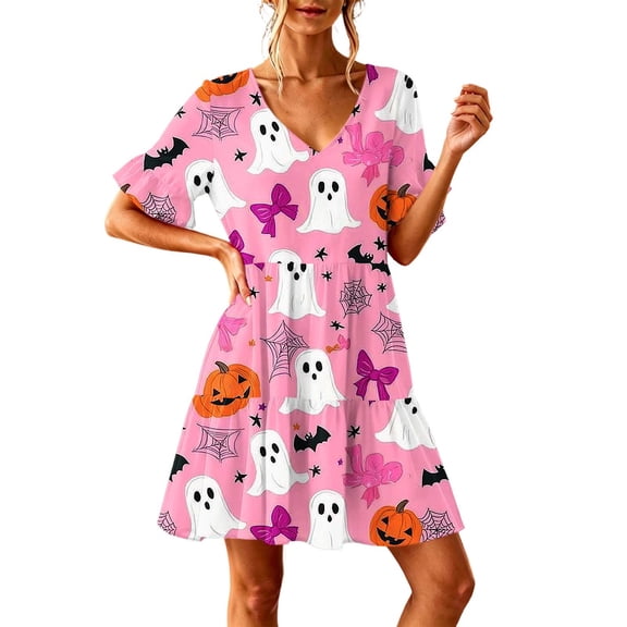 FAHXNVB Women's Halloween Nightgowns Ghost Pumpkin Print V Neck Mini Sleepshirts Ruffle Short Sleeve Loungewear PJs Dress with Pocket S-XXL