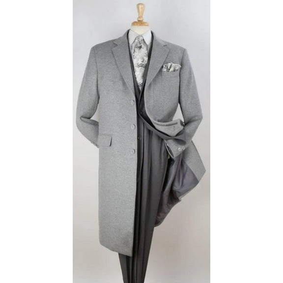 Men's 100% Wool Full Length Length Top Coat - Hidden Button Light Grey