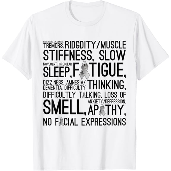 t-shirt Parkinson Disease Awareness Month - Symptoms Grey Ribbon T-ShirtMen and women can wear white T-shirts, gifts. Age: M,,L,XL,2XL,3XL, 4XL