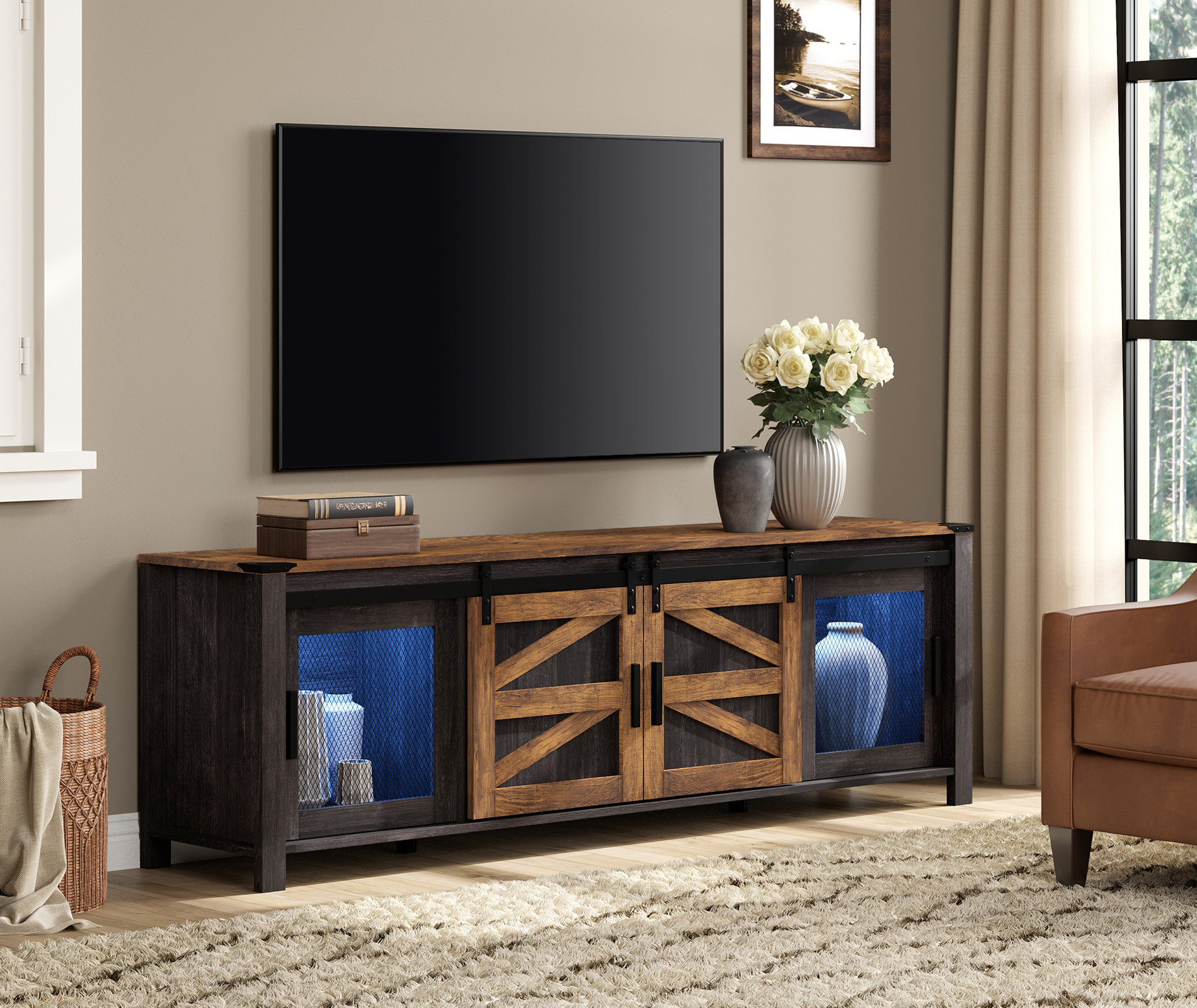 75 Inch Farmhouse TV Stand with Blue Light LED,Antique Black & Brown Entertainment Center Media Storage Cabinet