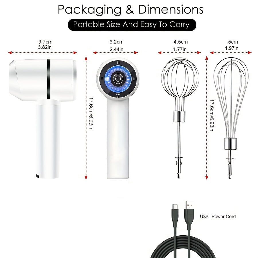 USB Rechargeable Cordless Hand Mixer, 3-Speed Electric Whisk with 304 Stainless Steel Beaters & Balloon Whisk for Baking Cakes, Cookies, Butter Tarts