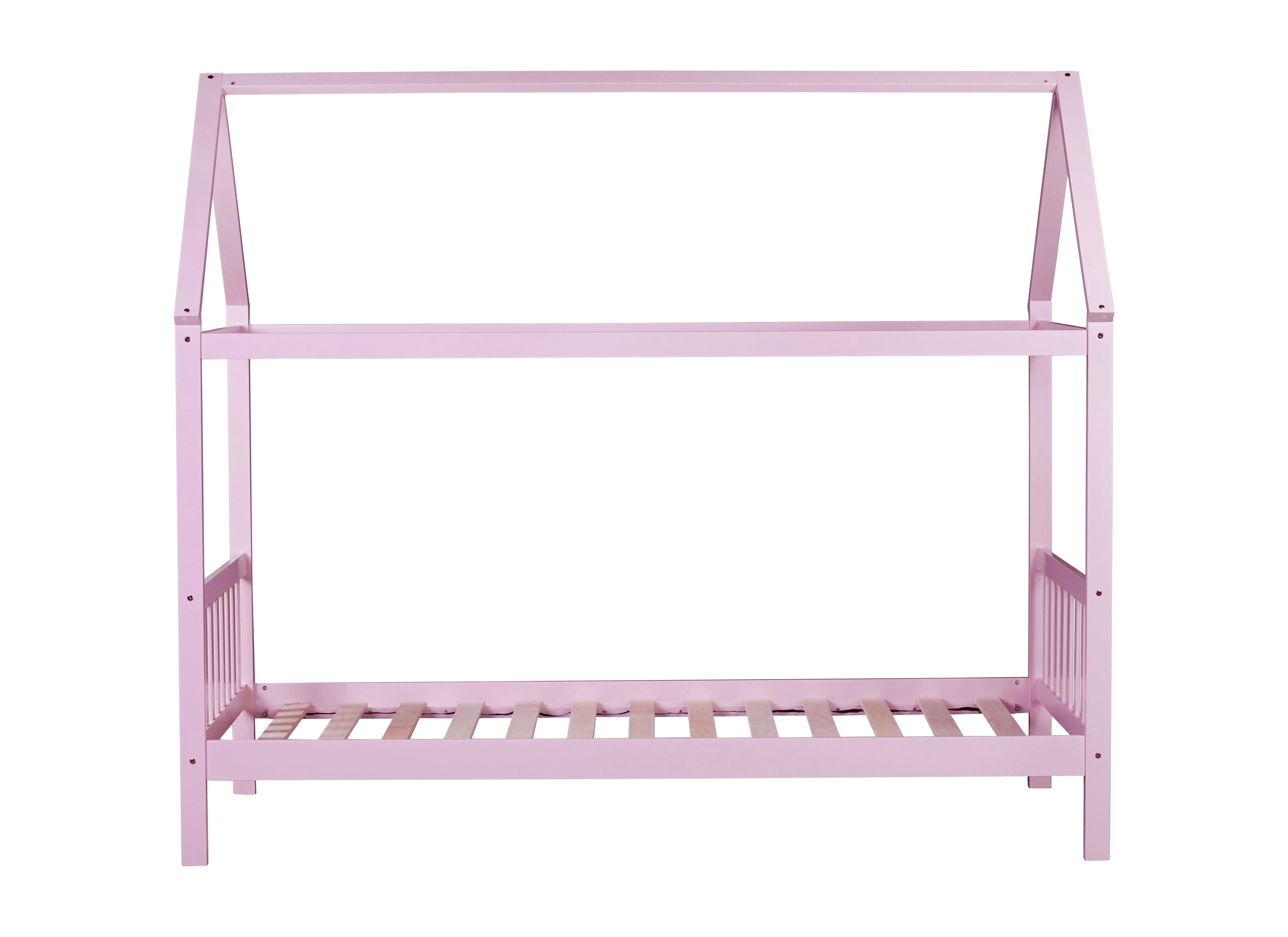 Miniyam Wood Twin Size Bed with House-shaped Design for Kids and Teens, Pink