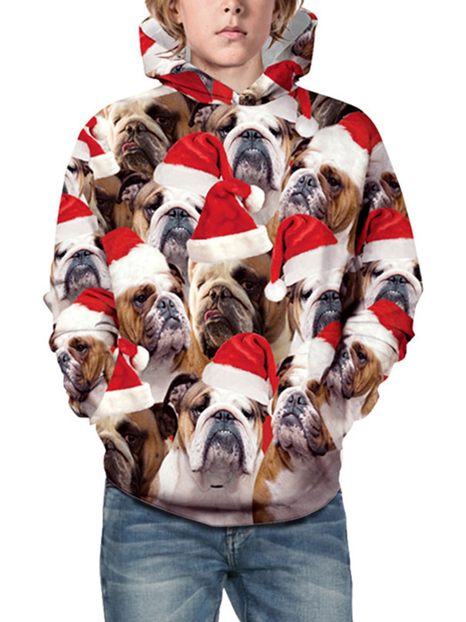 Christmas Hat Pugs Womens Girls Hooded Sweatshirt Print Hooded Top Hoodie Black/White/Navy/Gray