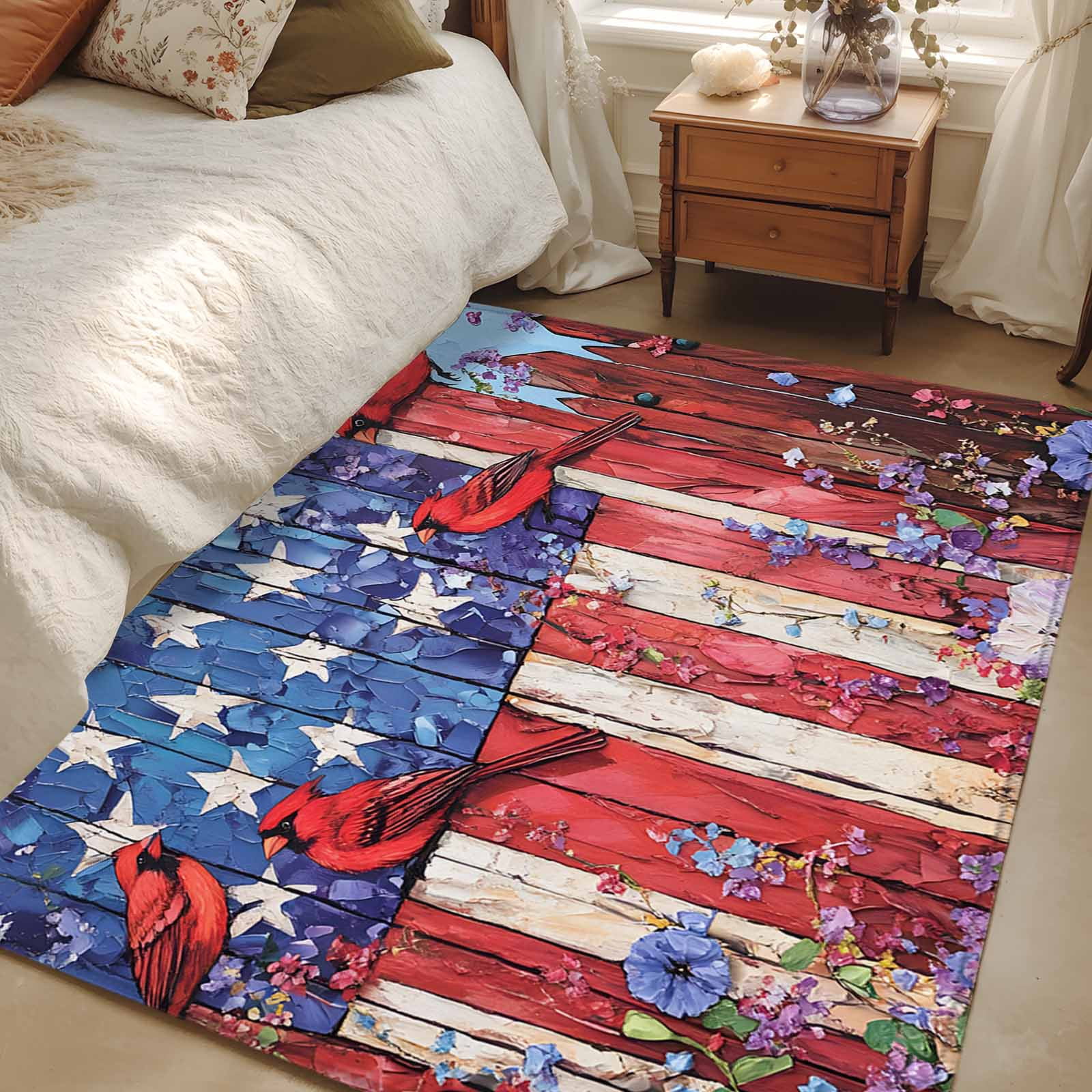 3'x5' Area Rugs, American Flag Indoor Outdoor Area Rug for Living Room Bedroom, Red Blue Star Stripe Patriotic Floral Bird Washable Bathroom Rugs Kitchen Floor Carpet Mats Home Decor Aesthetic