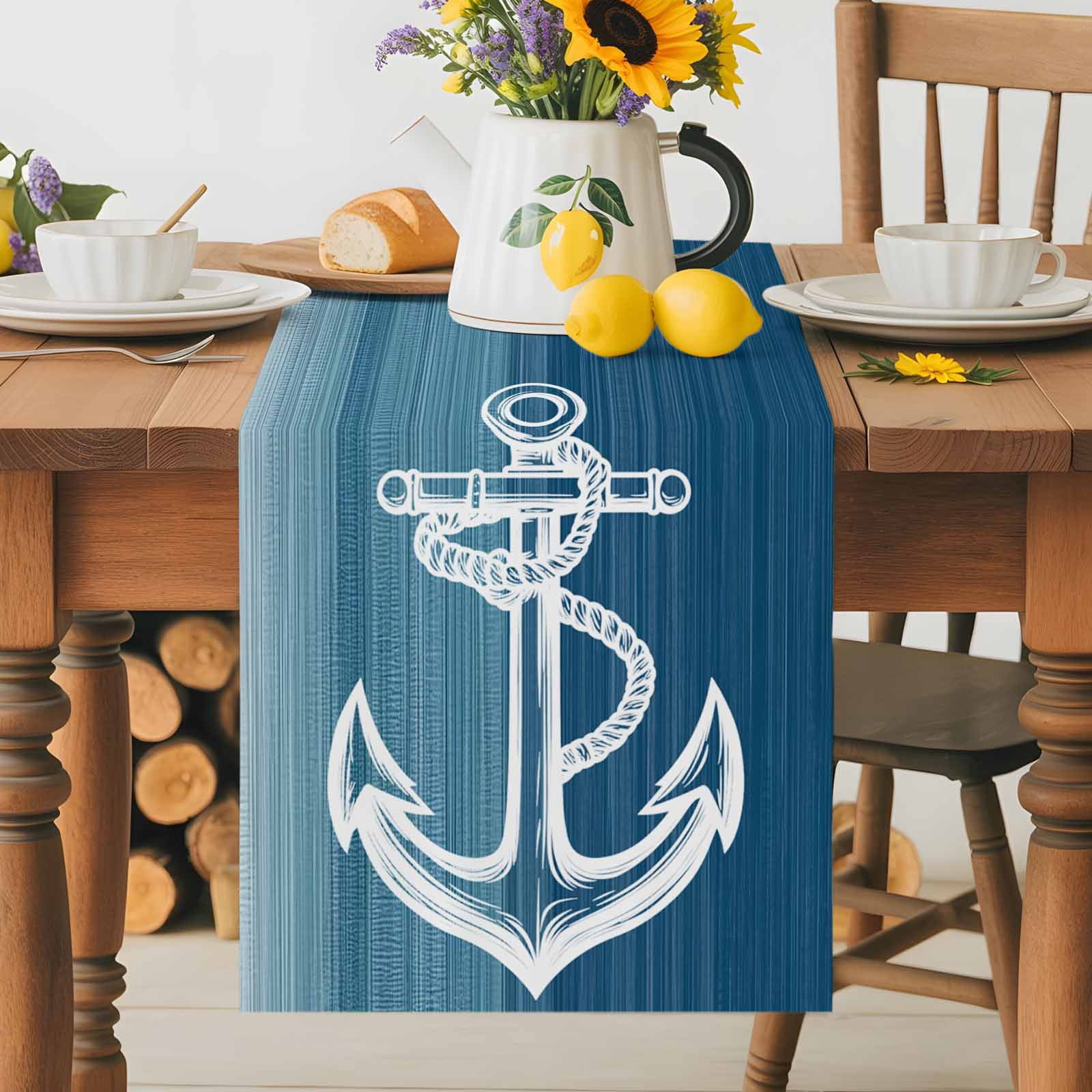 Ocean Nautical Anchor Table Runner 90 Inches Long, Gradient Blue Stripes Table Runners Tabletop Scarf Kitchen Dining Tables Decoration for Home Party Indoor Outdoor
