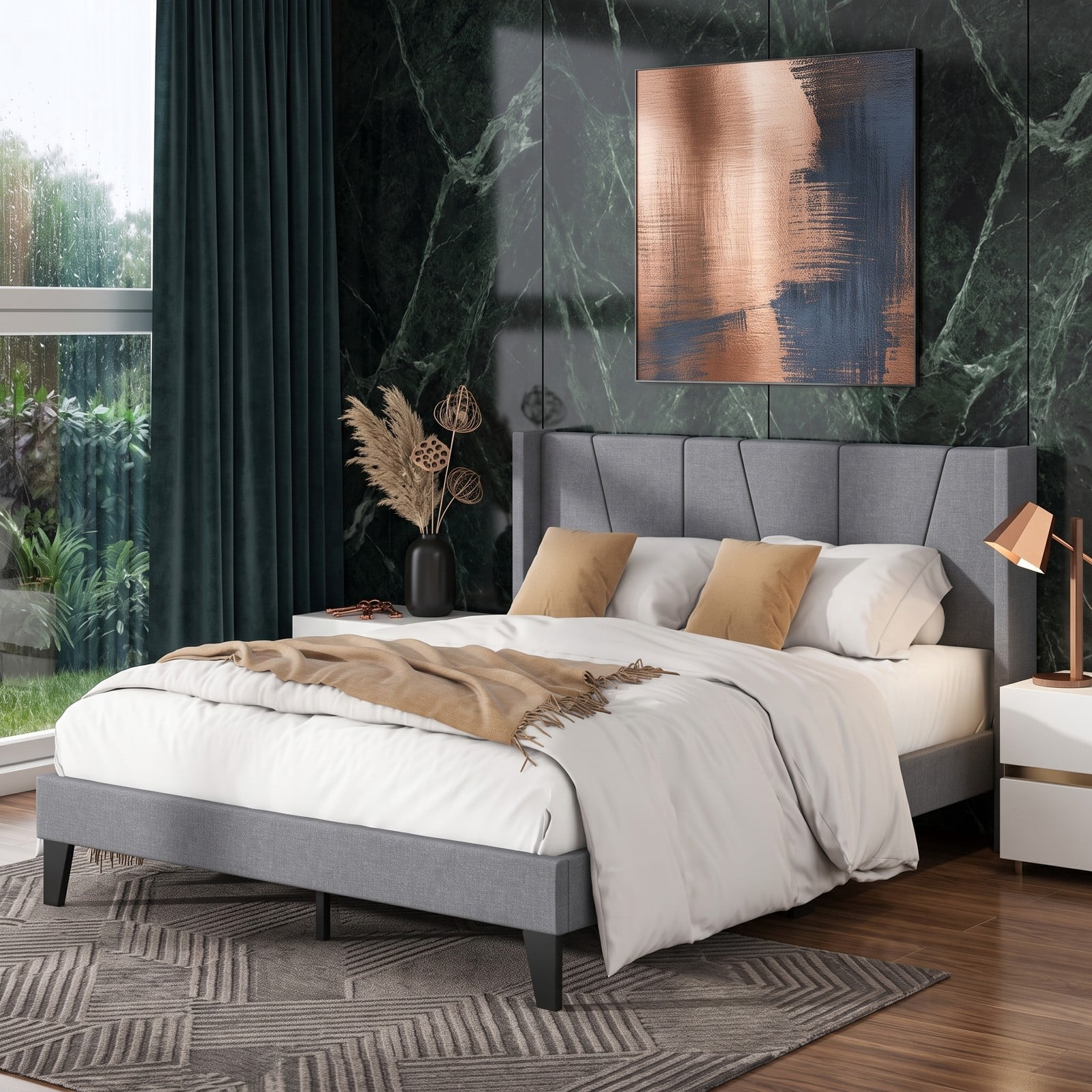 Furnibear Queen Bed Frame with Headboard, Upholstered Platform Bed with Wingback Headboard, Wood Slat Support and Side Storage Pockets, Gray