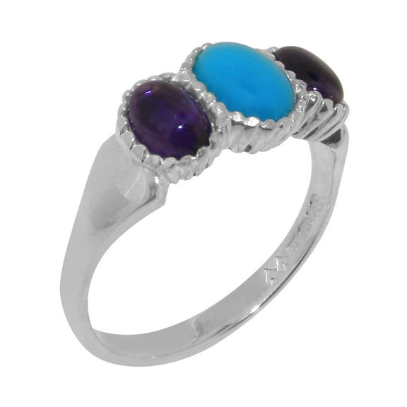 LBG British Made 925 Sterling Silver Natural Turquoise & Amethyst Womens Anniversary Ring - 33 size options - Size 10