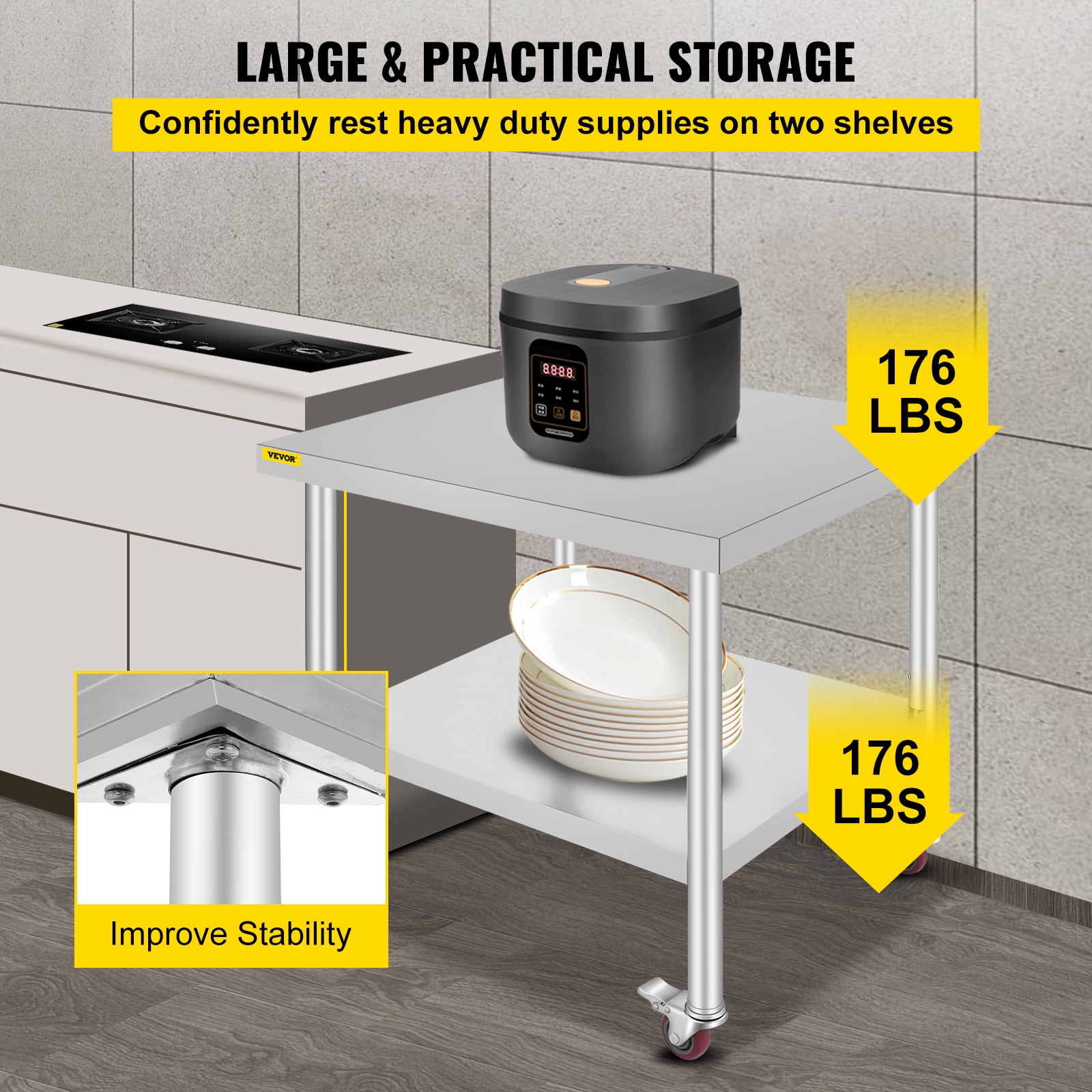 VEVOR Stainless Steel Work Table / Commercial Prep Table 30×36×34 inch;Stainless Steel;3‑Stage Adjustable Shelf;4 Wheels 2 with Brake;220 lb Capacity
