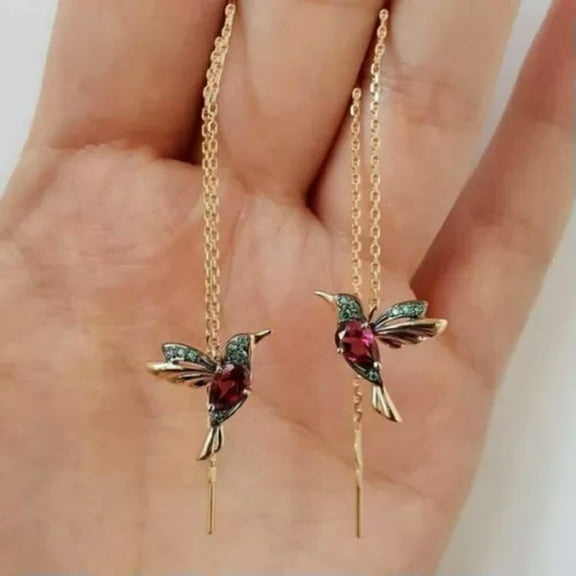 GKNET Hummingbird Earrings Stud Threader Long Drop Tassel Crystal Dangle Women Jewelry-Red
