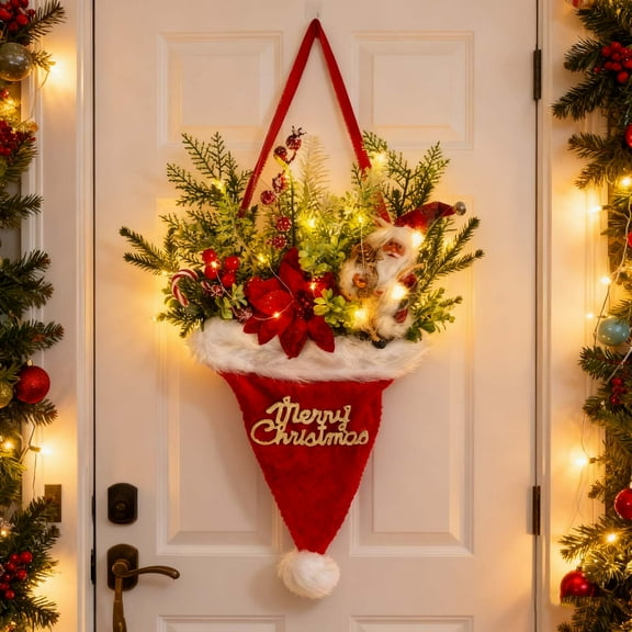 Christmas Wreath for Front Door Artificial Santa Hat Wreath with Light Santa Claus Xmas Wall Hanging Ornament for Christmas Front Door Farmhouse Home Garden Wall Decor