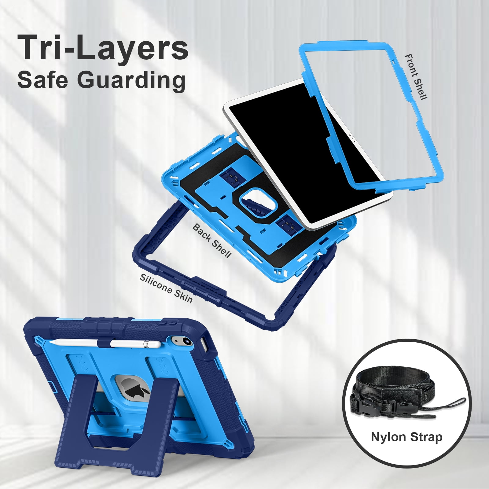 Allytechgroup Rugged Case for Apple iPad 9th 8th 7th Generation 10.2 inch 2021/2020/2019, Heavy Duty Protective Tablet Case with Kickstand, Pencil Holder & Detachable Shoulder Strap, Navyblue
