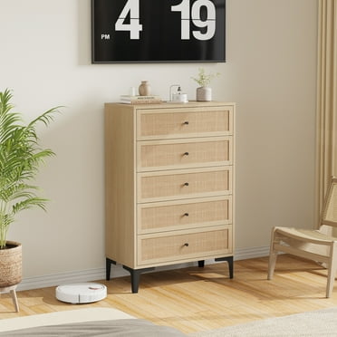 Cocosity 5-Drawer Springwood Caning Dresser with Sturdy Steel Legs for Living Room Hallway Bedroom, in Wood Tone