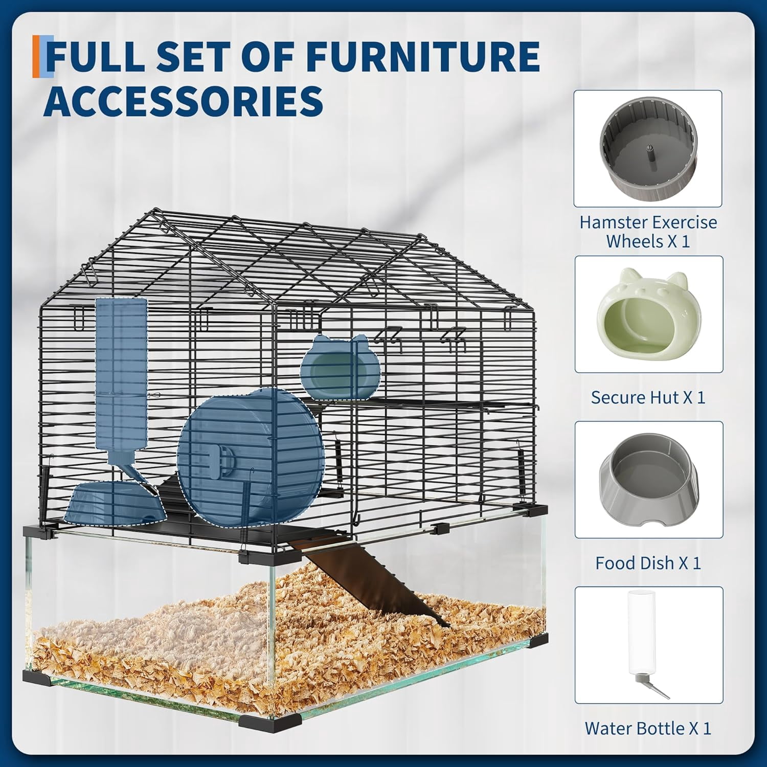 3-Tier Large Hamster Cage with 6mm Tempered Glass Base, Silent Running Wheel, Water Bottle & Food Bowl, Spacious Multi-Level Habitat for Syrian & Dwarf Hamsters, Gerbils, Mice, and Small Pets (22.