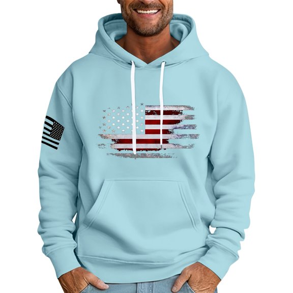4th Of July Oversized Hoodies for Men Vintage American Flag Graphic Fall Men's Sweatshirts Long Sleeve Drawstring Hood Kangaroo Pocket Sky Blue 3XL