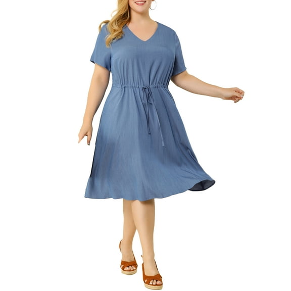 Unique Bargains Women's Plus V Neck Short Sleeve A-Line Denim Dresses 1X Blue
