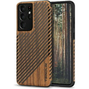 TENDLIN Compatible with Samsung Galaxy S21 Ultra Case Wood Grain and Leather Outside Design TPU Hybrid Case