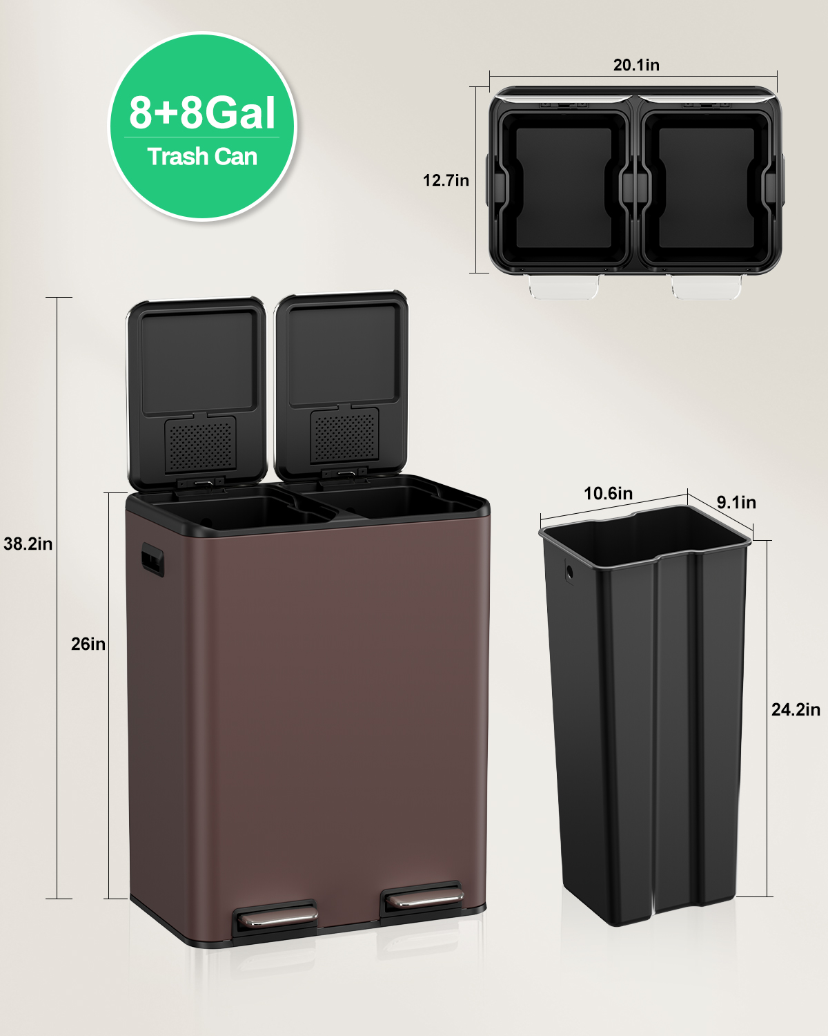 TLSUNNY 16 Gal Dual Compartment Trash Can, Step Pedal Recycling Bin w/ 2 Soft-Close Lids and 2 Odor Control Box, for Kitchen Use